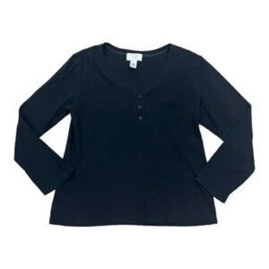 OSCAR DE LA RENTA Women's Black Cotton  Blend Long Sleeve Henley Size Large